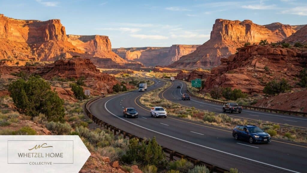 A scenic divided highway curving through dramatic red rock formations in Southern Utah, representing a daily commute, modern vehicles driving smoothly, warm afternoon light, highly detailed desert environment, realistic photography.