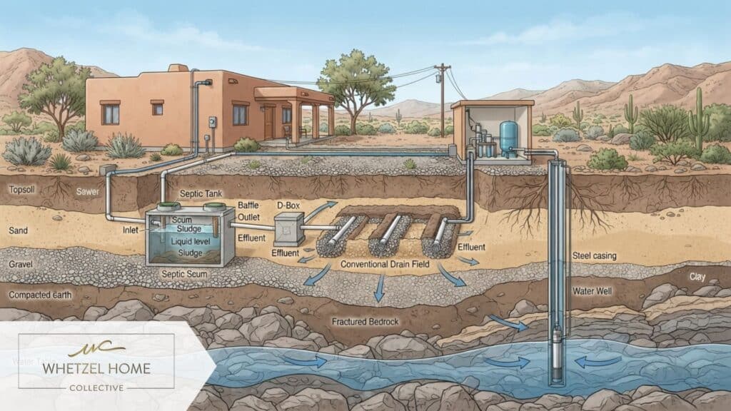 A highly detailed, professional architectural cross-section illustration showing a residential septic system and well setup in a rural desert environment. The cutaway reveals underground soil layers, bedrock, a water table, a conventional drain field, and a deep well pump. Clean lines, educational style, realistic earthy color palette, no text overlays.