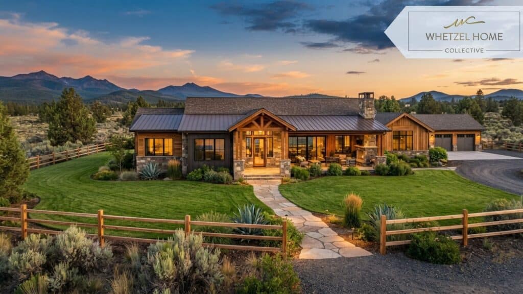 A modern ranch-style home sitting on a large multi-acre lot with split-rail fencing. The home features stone and wood accents, large windows, and a manicured front lawn contrasting with natural high desert vegetation around the perimeter. Photorealistic, sunset lighting, high definition real estate photography.