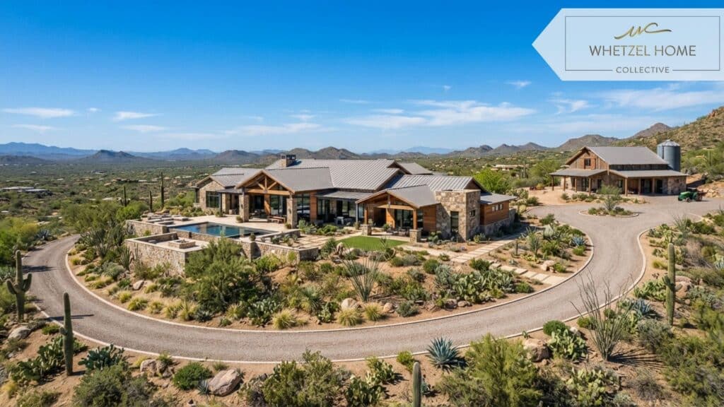 A beautiful wide-angle shot of a sprawling custom-built rural home on a large acreage lot, featuring native desert landscaping, a detached barn, and a winding gravel driveway, clear blue skies, modern architectural photography style.