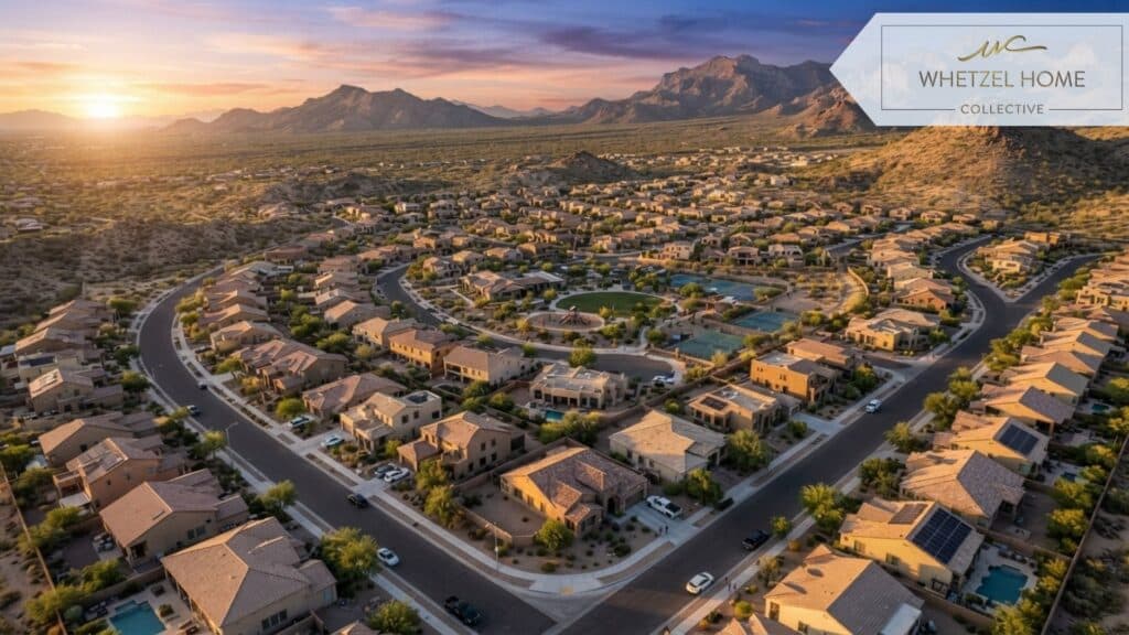 An aerial drone photograph of a master-planned affordable housing community blending seamlessly into the arid, beautiful desert landscape of the Southwest. Sunset lighting casting long shadows, highlighting the organized streets and natural terrain, photorealistic, highly detailed.