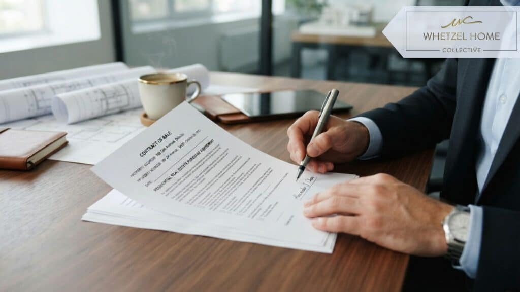 A close-up of hands signing a real estate contract on a sleek desk with a modern metal pen. A set of blueprints and a cup of coffee are partially visible in the background. Professional, crisp, photorealistic business setting.