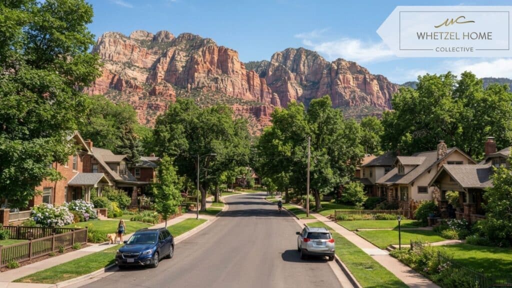 A wide cinematic street view of a beautiful, established suburban neighborhood featuring large mature shade trees, lush green lawns, and classic residential architecture against a dramatic backdrop of red sandstone mountain cliffs, bright sunny day, photorealistic.