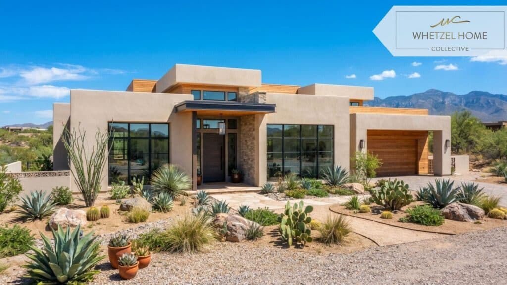 A stunning exterior shot of a pristine, newly completed contemporary southwest style home, featuring xeriscaped desert front yard with agave plants, smooth stucco siding, large dark framed windows, taken at mid-day under a vibrant clear blue sky, sharp and crisp architectural styling, real estate magazine quality.