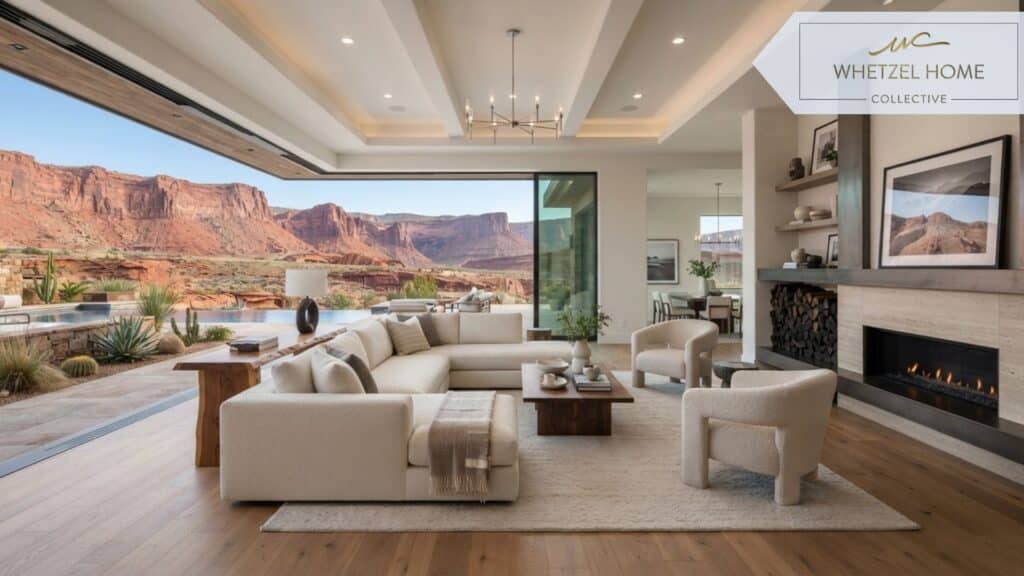 A photorealistic, ultra-detailed interior shot of a luxurious, newly constructed living room in a desert home. The space features an open-concept design, soaring tray ceilings, wide-plank wood flooring, and a sleek modern fireplace. Expansive sliding glass walls are pushed open, revealing a panoramic view of striking red rock cliffs. The room is styled with minimalist, high-end contemporary furniture in neutral tones. Soft natural daylight streaming in, sophisticated and elegant mood.