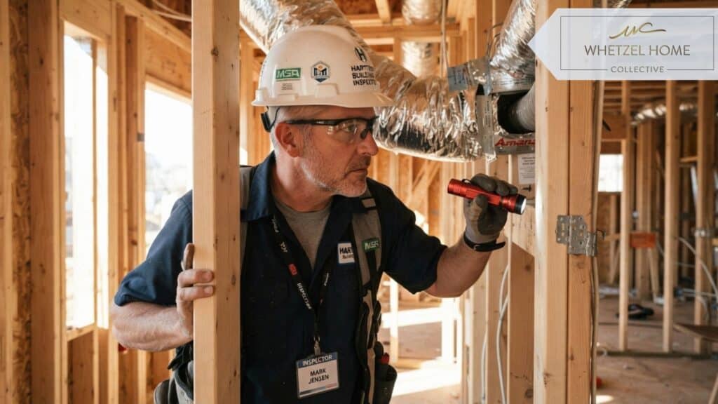 A close up of a professional building inspector examining the framing and HVAC systems of a residential house under construction, wearing a hard hat, sun streaming through unfinished walls, photorealistic, highly detailed, professional photography.