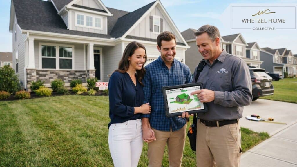 A bright, photorealistic image of a young couple standing in front of their pristine new construction home, looking confidently at a digital tablet held by an expert home inspector. The tablet displays a colorful 3D home report. The mood is reassuring and professional, set against a sunny suburban background with manicured lawns.