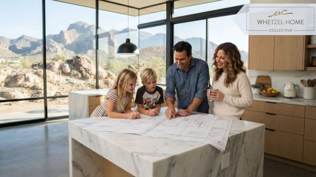 A family looking at architectural blueprints on a large marble kitchen island inside a modern home, large floor-to-ceiling windows framing a desert mountain view, bright natural light, contemporary interior design, photorealistic lifestyle shot, shallow depth of field.