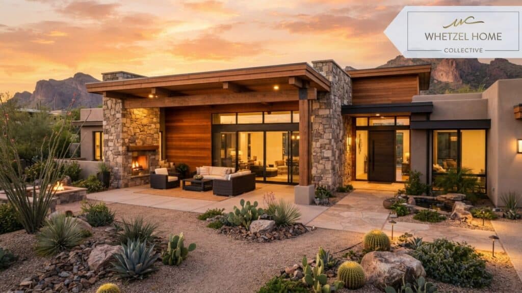Modern single-story desert home exterior with drought-tolerant xeriscape landscaping, stone facade, spacious covered patio, sunset lighting casting warm orange and pink colors on the house, photorealistic, real estate architectural photography style, serene atmosphere
