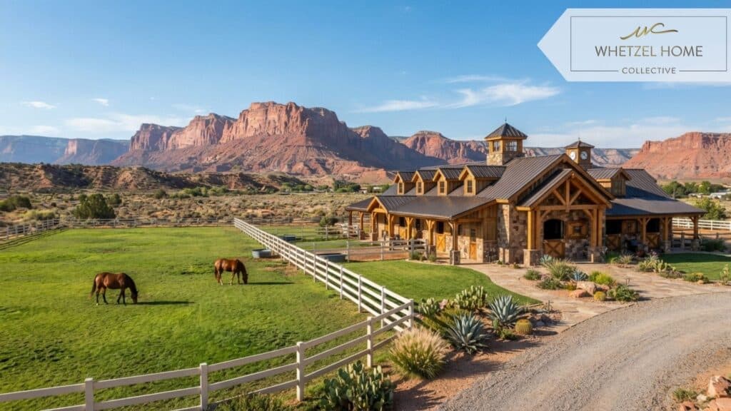 A beautifully designed custom luxury horse barn made of natural wood and stone, situated next to a large irrigated green turnout pasture in a desert landscape. Red sandstone cliffs are visible in the distance under a clear blue sky, highly detailed, realistic landscape photography.