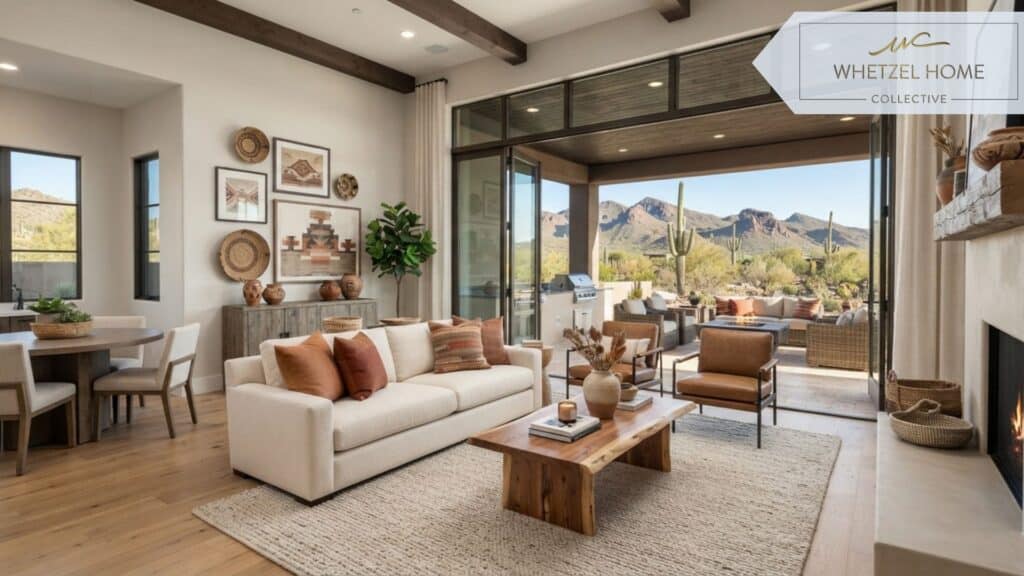 A beautifully staged living room inside a modern single-story retirement home, large glass doors opening to a covered patio with desert views, contemporary southwestern decor, neutral color palette with warm terracotta accents, bright natural light, luxury real estate photography.