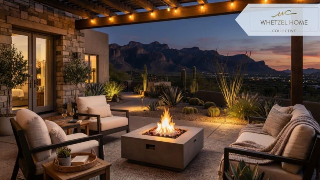 A cozy outdoor patio featuring modern desert landscaping, comfortable outdoor seating with plush cushions, a small modern gas fire pit lit with a low flame, distant views of rugged mountains, evening twilight lighting, warm, inviting, and relaxing atmosphere.