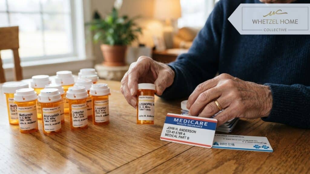 A detailed close-up shot showing the hands of an older adult carefully organizing prescription medication bottles and sorting official blue and red health insurance cards on a smooth wooden dining table. Soft natural light streaming from a nearby window, shallow depth of field, warm and reassuring mood, photorealistic.