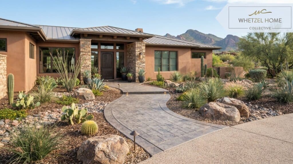 A well-designed home exterior in a desert climate featuring low-maintenance xeriscaping with native plants and decorative rock, a gently sloped, stamped concrete entry pathway without stairs, integrated pathway lighting, bright daylight, photorealistic style.