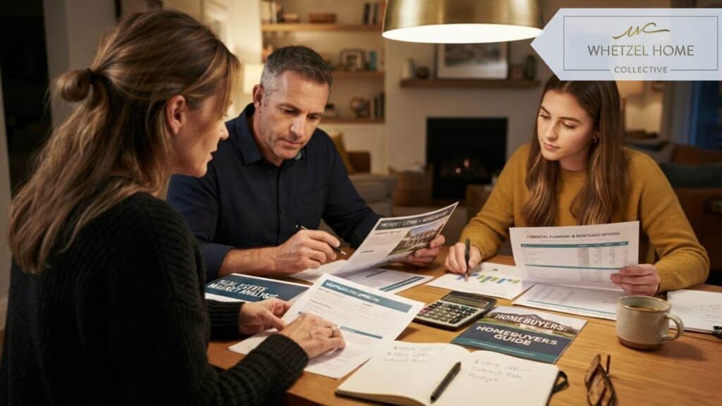 A photorealistic close-up over-the-shoulder shot of family members sitting at a wooden dining table reviewing financial documents and real estate brochures, warm overhead lighting, soft focus background, conveying thoughtful planning and serious decision-making, professional real estate aesthetic.