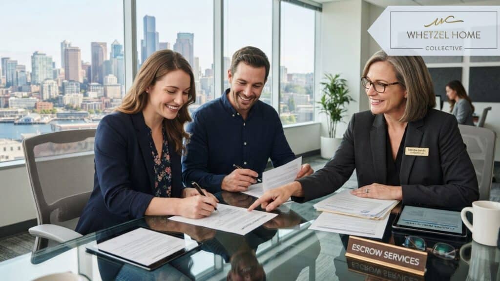 A photorealistic scene of a young couple sitting across a sleek glass conference table from a professional escrow officer, reviewing and signing final settlement documents. Modern office setting with large windows overlooking a city skyline. Professional, positive mood, soft natural lighting, high quality corporate photography style.