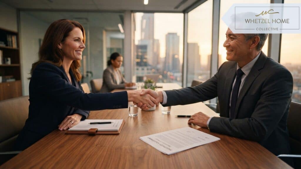 Two professional individuals shaking hands over a smooth wooden conference table, symbolizing a successful property agreement, warm golden hour lighting coming from the side, sharp focus on the handshake, highly detailed and photorealistic.