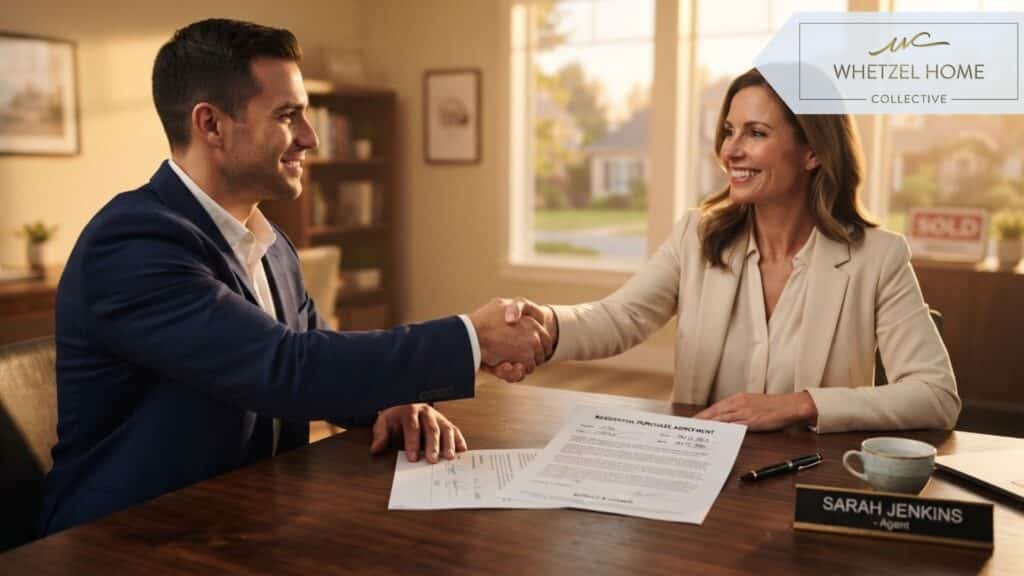 A firm, professional handshake between a confident homebuyer and a smiling real estate agent over a dark wooden table, signed documents lying neatly beneath their hands, warm golden hour lighting casting soft shadows, photorealistic corporate photography, conveying trust, success, and agreement.