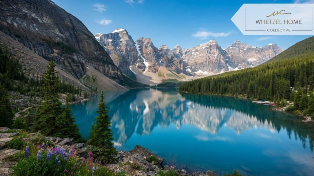 A scenic wide-angle view of an alpine reservoir nestled in a high-altitude mountain valley, calm pristine water reflecting the surrounding pine trees and granite peaks. Bright summer day, cinematic lighting, ultra-high resolution landscape photography, vivid natural colors.