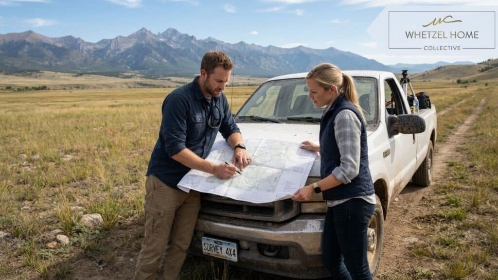 A photorealistic daytime scene of two people, dressed in casual professional outdoor attire, standing by a pickup truck in a vast open field. They are looking down at a large paper land survey map spread out on the hood of the truck. Mountains loom in the background under a sunny sky. High definition, bright natural lighting.