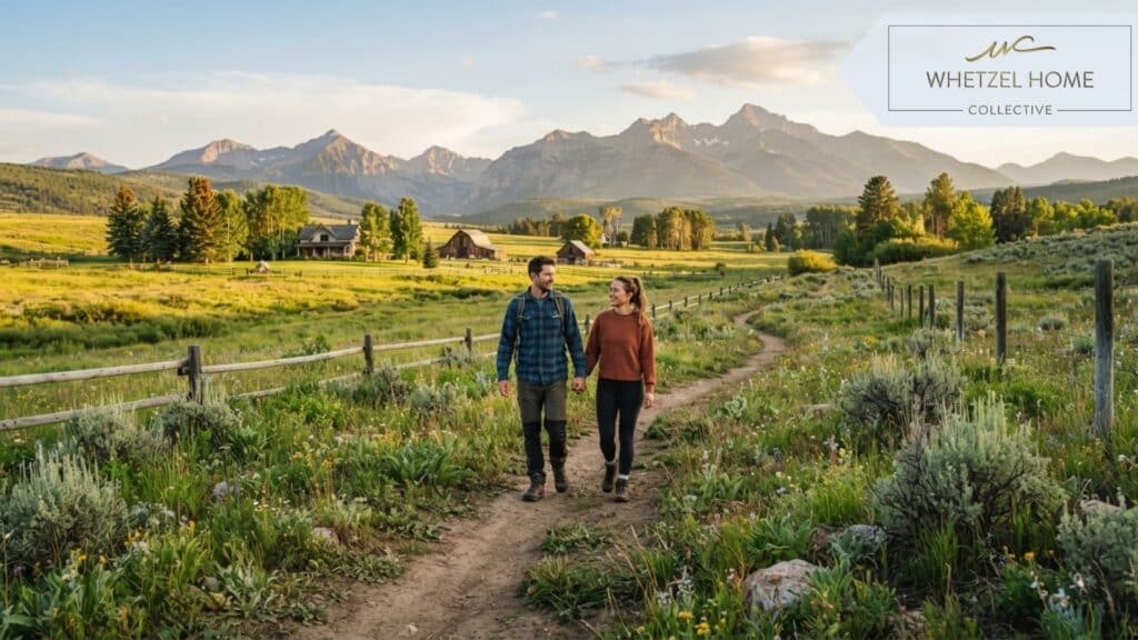 Two people walking along a rural dirt trail on a large private parcel of land, surrounded by majestic mountain views, wearing casual outdoor clothing, conveying a sense of peaceful rural living, soft glowing sunlight, photorealistic style, vivid colors, no text.