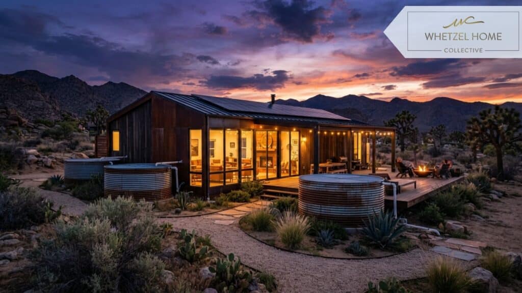 A beautiful, photorealistic image of a sustainable, modern off-grid rural home in the high desert at twilight. The property features large above-ground corrugated steel rainwater harvesting tanks seamlessly integrated into the landscaping. Warm glowing lights emanate from the house windows, contrasting with the cool purple and orange hues of the desert sunset sky. High-end architectural photography, 8k resolution.