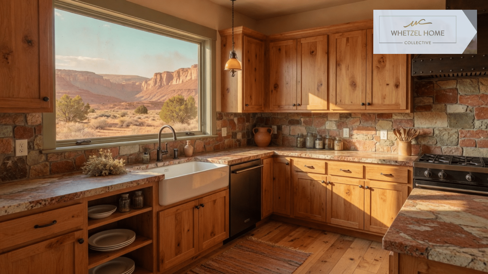 A finished kitchen with wood cabinets
