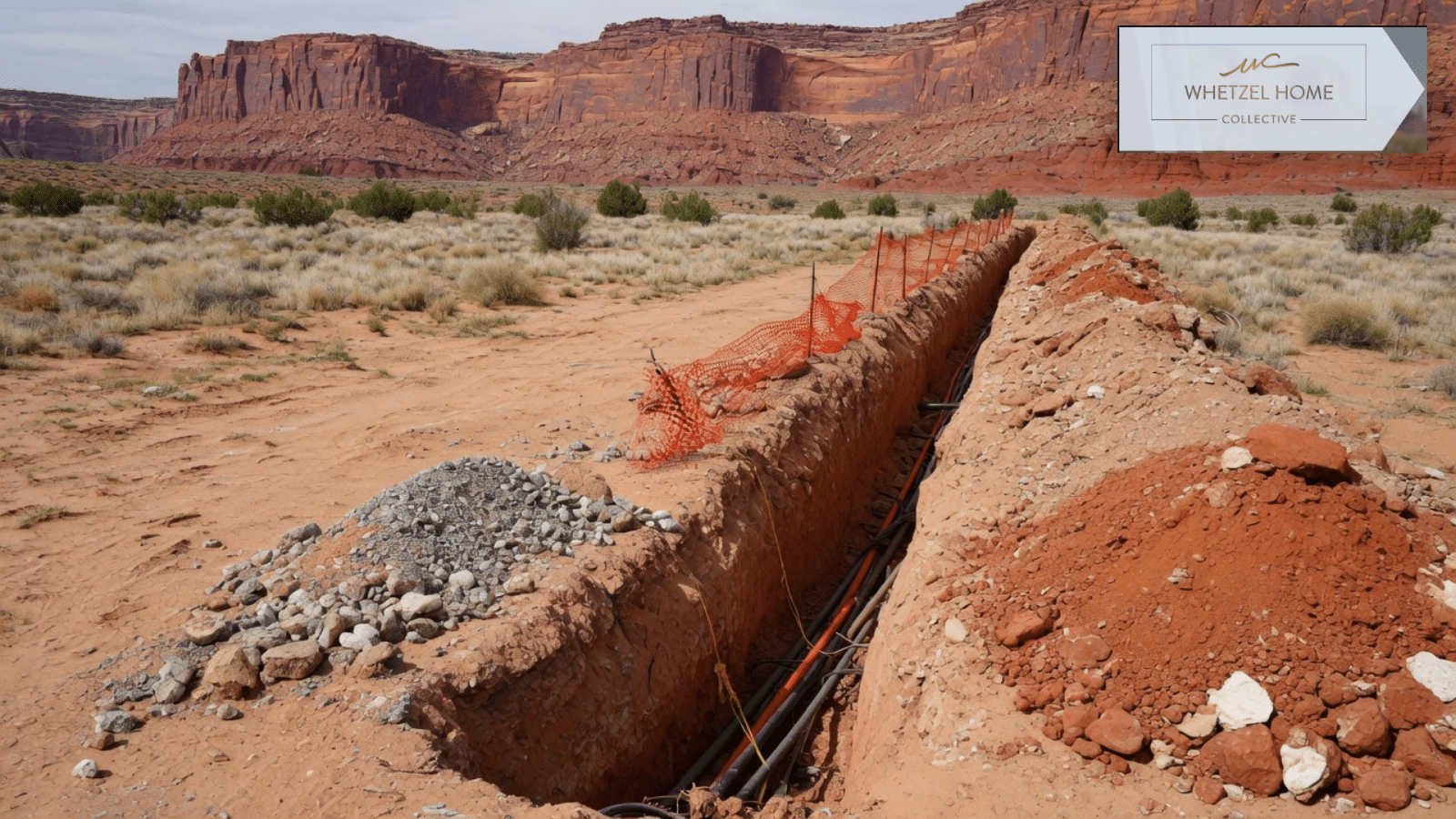 A utility trench on a vacant desert lot