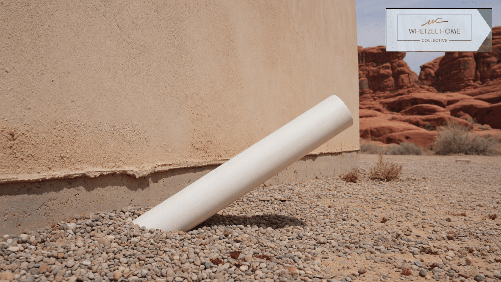 PVC pipe at the base of a stucco foundation