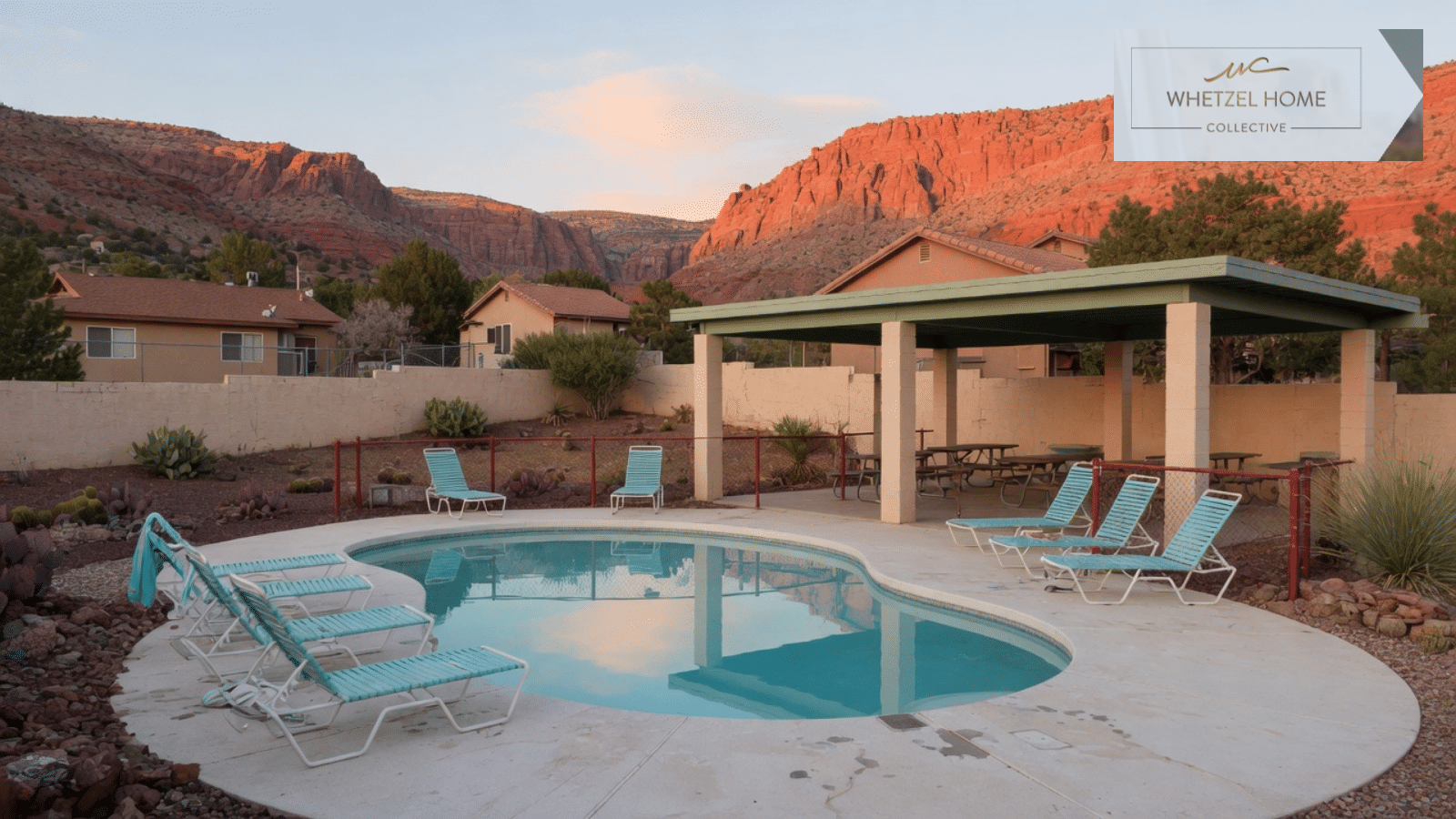 Community pool and shaded ramada in a southern Utah neighborhood