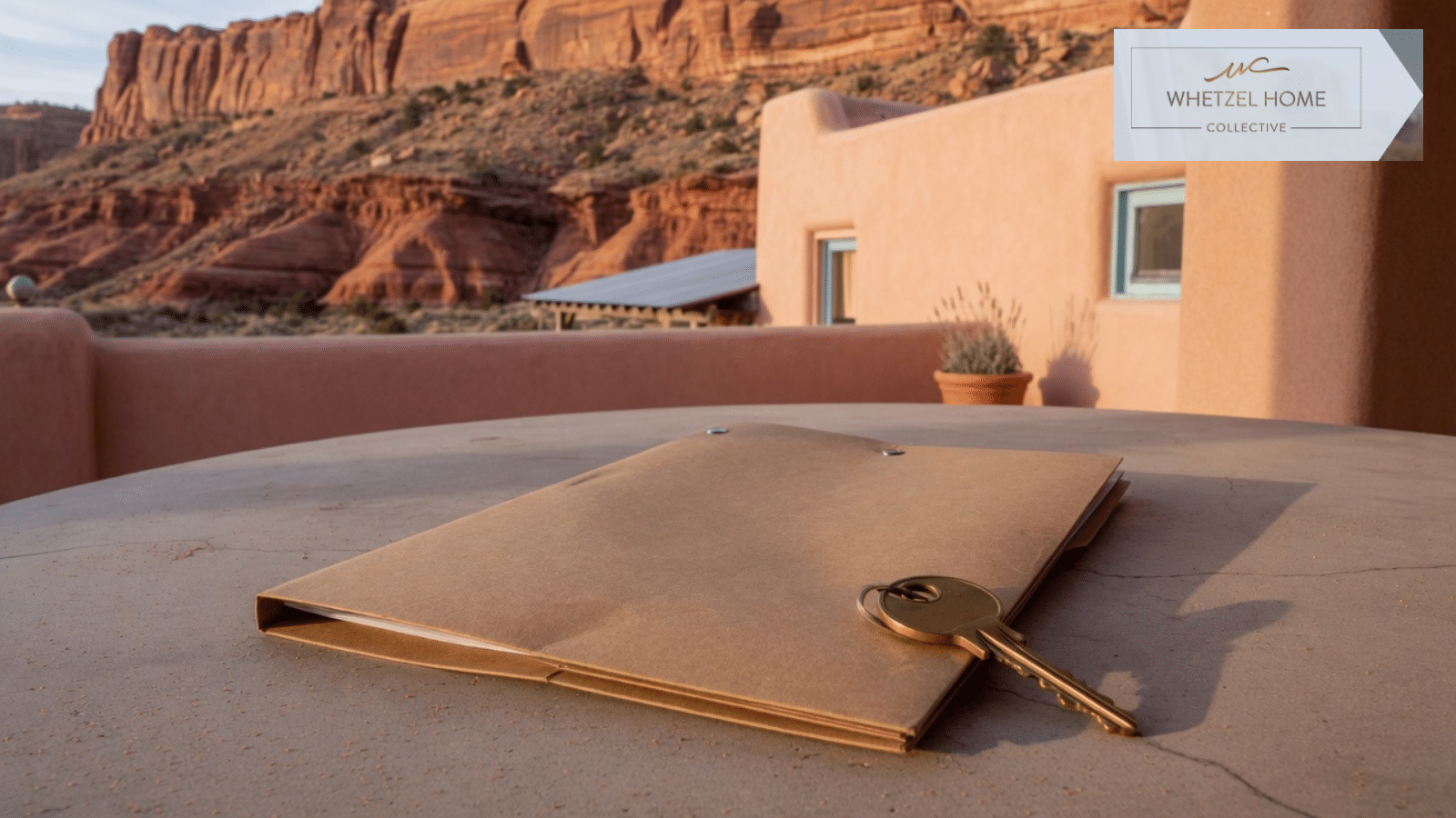 Closed document folder and a house key on a patio in southern Utah