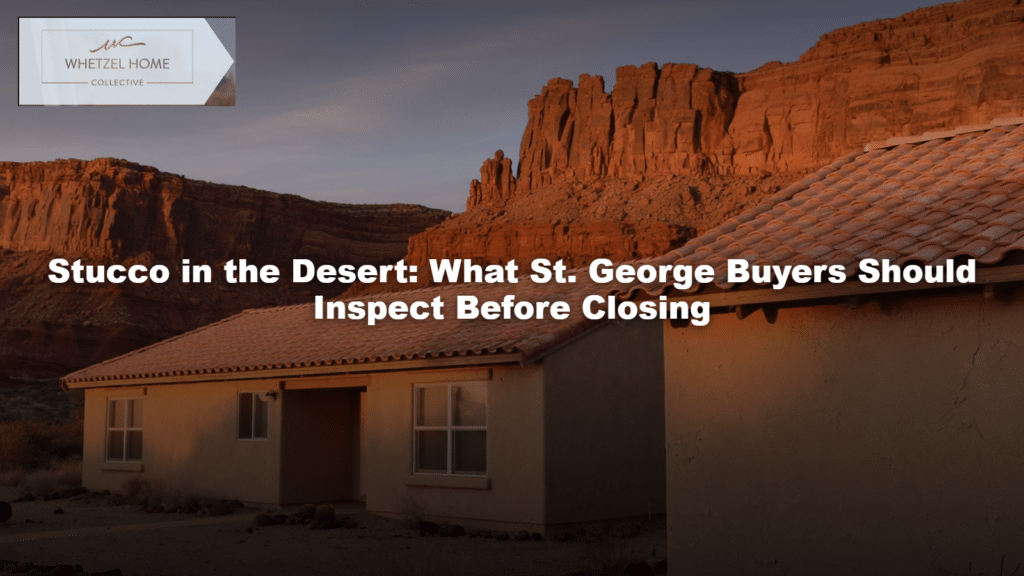 Beige stucco home in St. George with red cliffs behind the roof