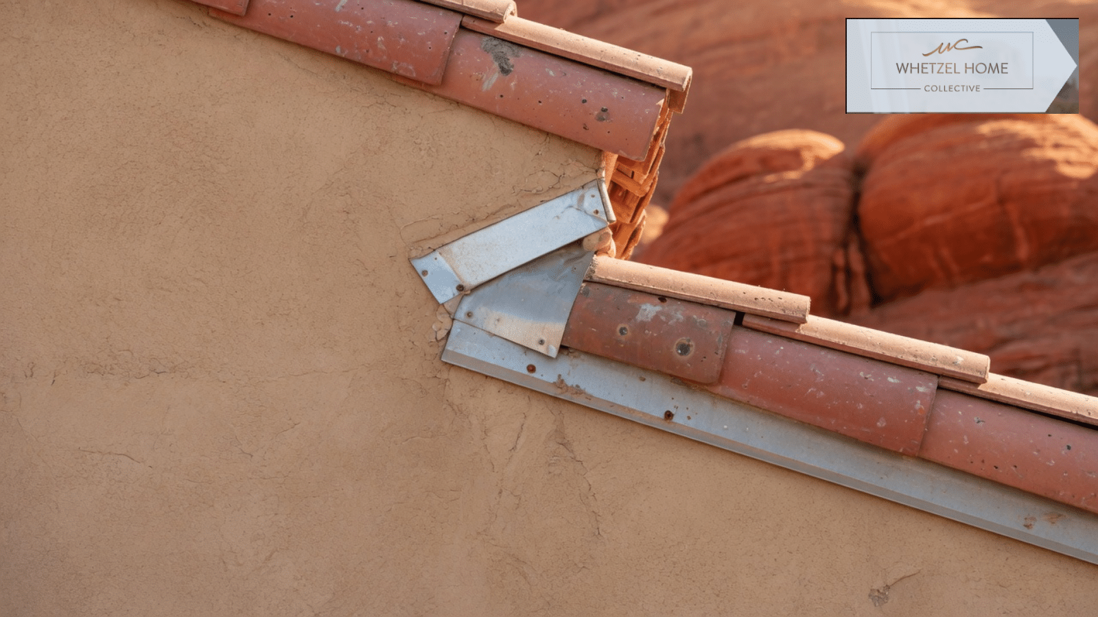 Kickout flashing where a tile roof meets a stucco wall