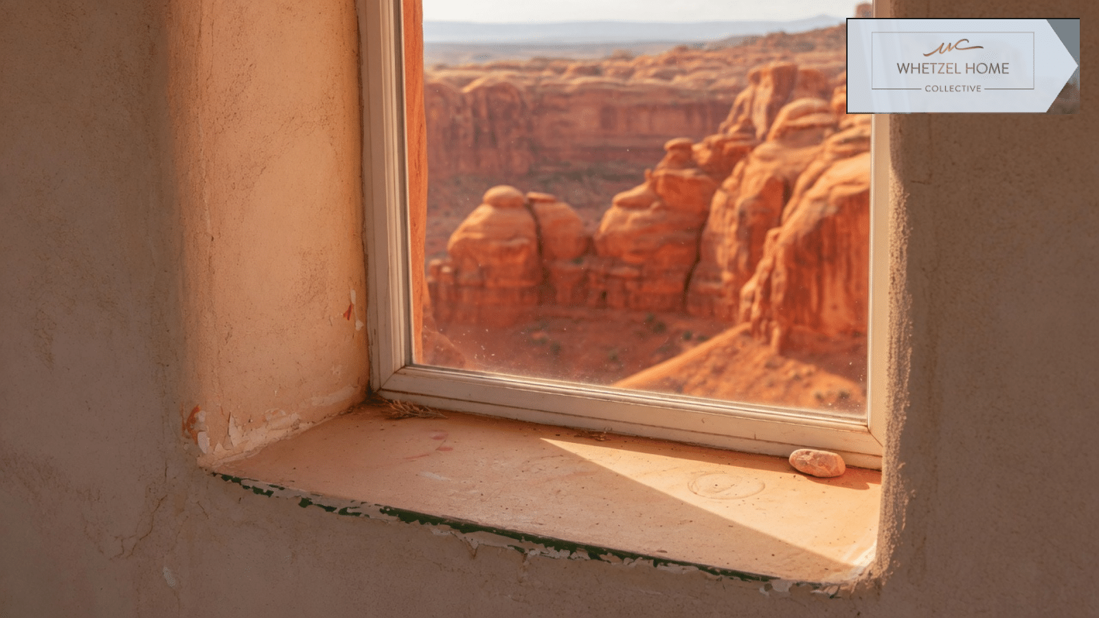 Window sill in a desert stucco wall facing red rock