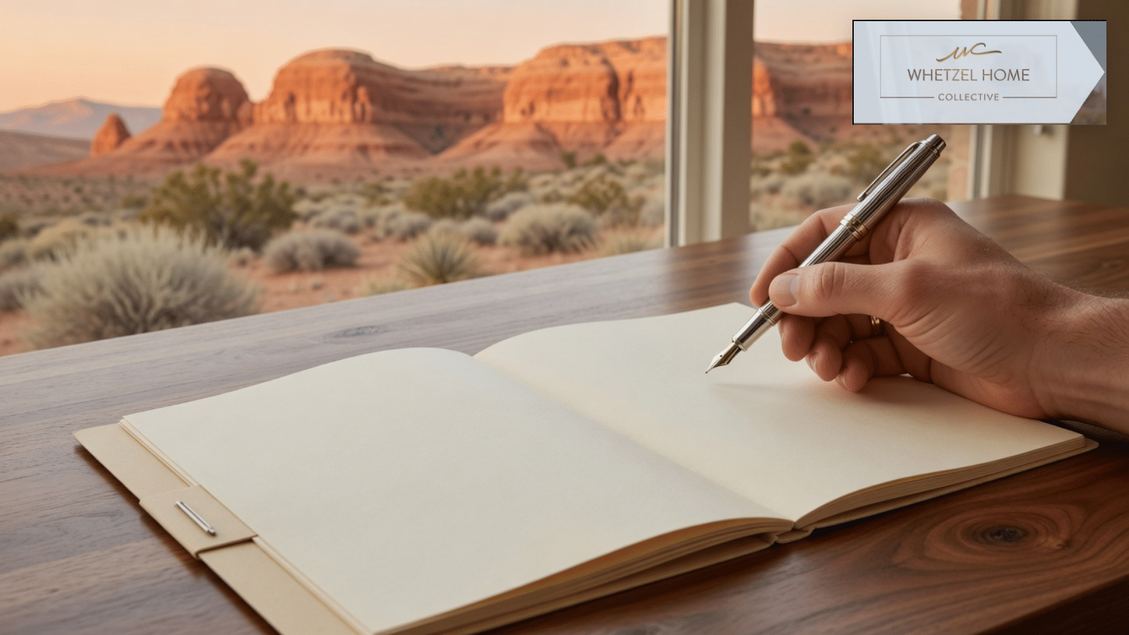 Buyer signing a title policy with southern Utah red cliffs outside