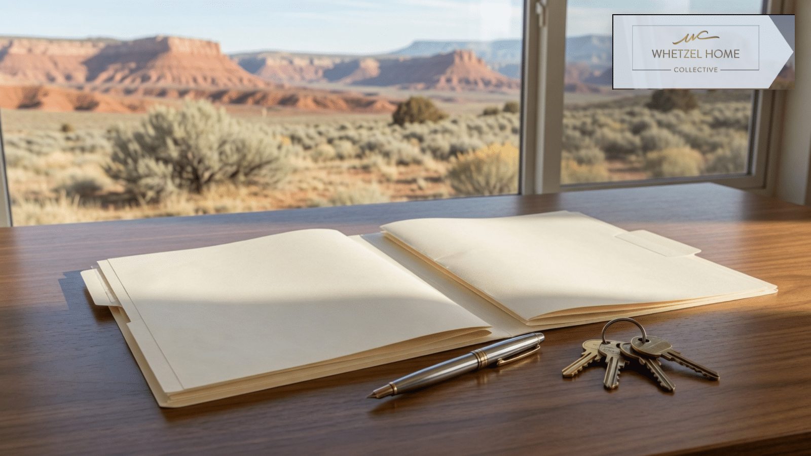 Owner's and lender's title policy folders with house keys on a desk