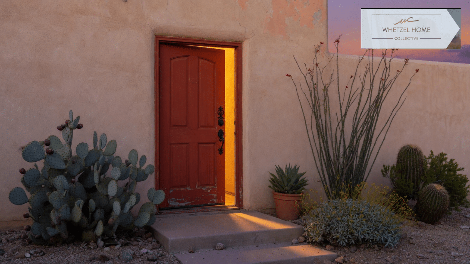 Open front door of a southwestern home at sunset